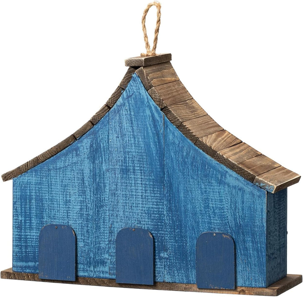 Glitzhome 15" L Rustic Oversized Distressed Solid Wood Hanging Garden Birdhouse with 3D Flowers Three-Story Villa Decorative Hand-Painted Bird Houses for Outside,Washed Blue