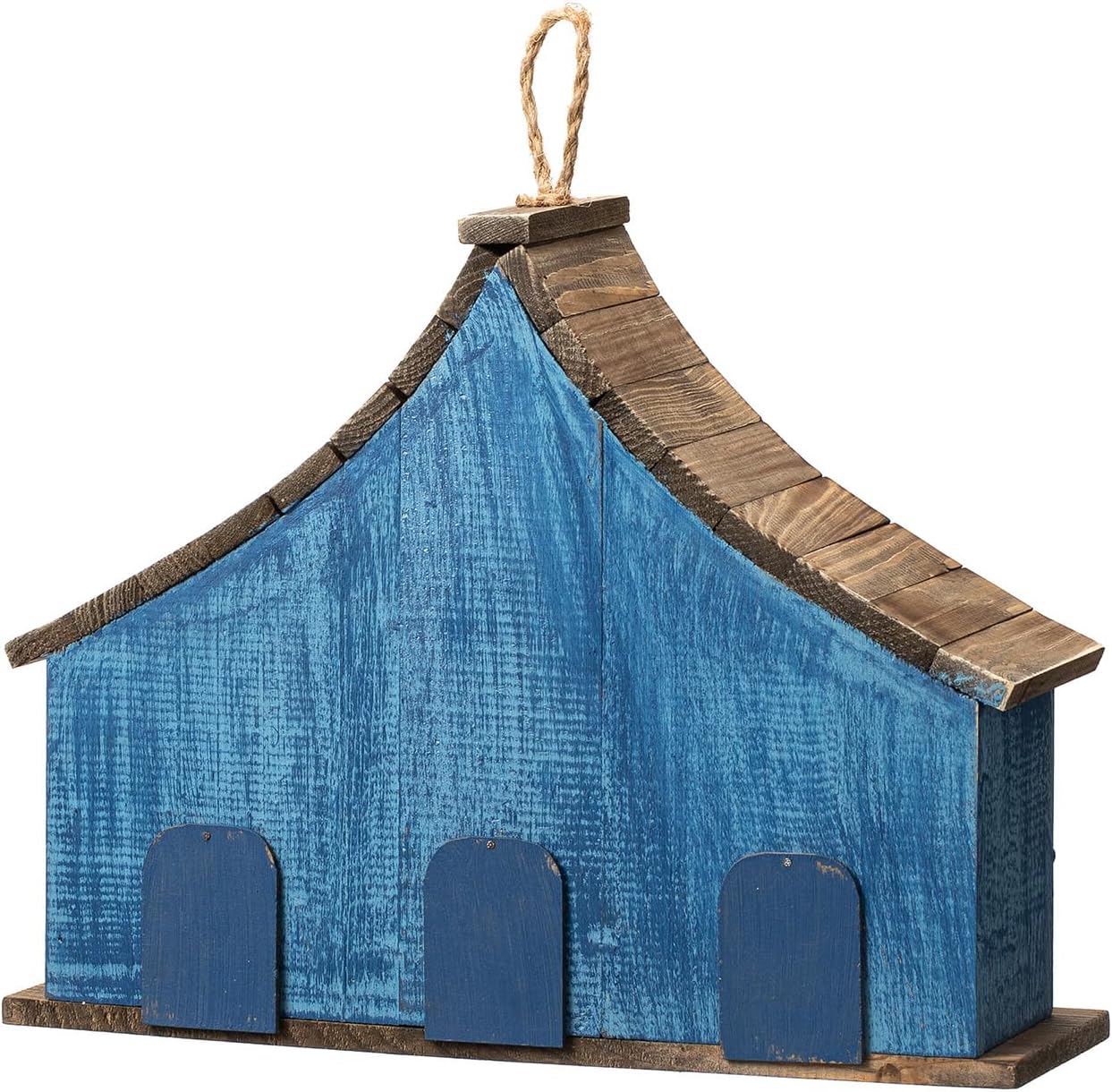 Glitzhome 15" L Rustic Oversized Distressed Solid Wood Hanging Garden Birdhouse with 3D Flowers Three-Story Villa Decorative Hand-Painted Bird Houses for Outside,Washed Blue