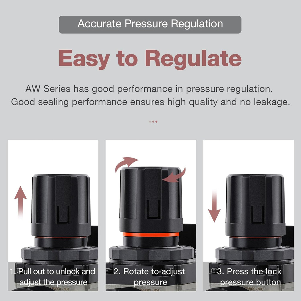 SNS Compressed Air Filter Regulator Piggyback Combo 3/8''NPT- Poly Bowl with Metal Guard, Semi-auto Drain, Bracket, Gauge AW3000-N03A