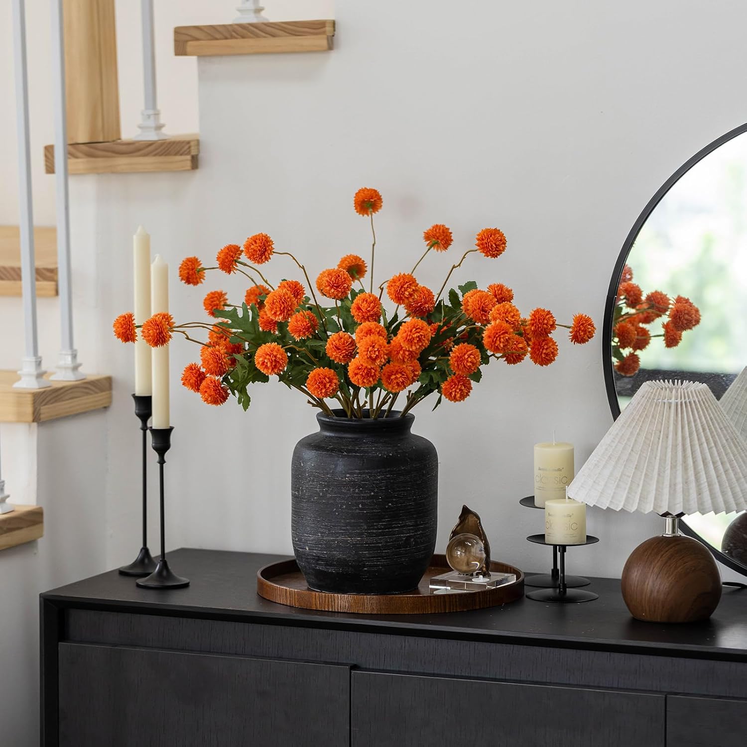 mizii 6Pcs Orange Fake Silk Pompon Mum Artificial Flowers Bulk Small Faux Chrysanthemums with Stems Realistic Floral Decorations for Wedding DIY Bouquet Centerpieces Shower Vase Home Decor (Orange)