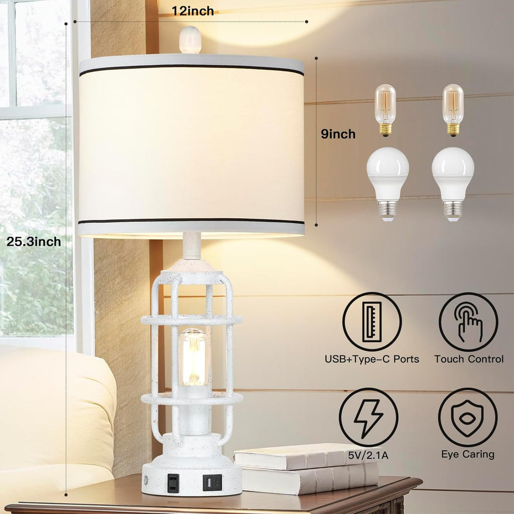 Farmhouse Lamps Set of 2, White Vintage Rustic Industrial Lamps with USB A+C Charging Ports & AC Outlet, 3 Way Dimmable Touch Control Table Lamp with LED Night Light for Living Room Bedrooms Office