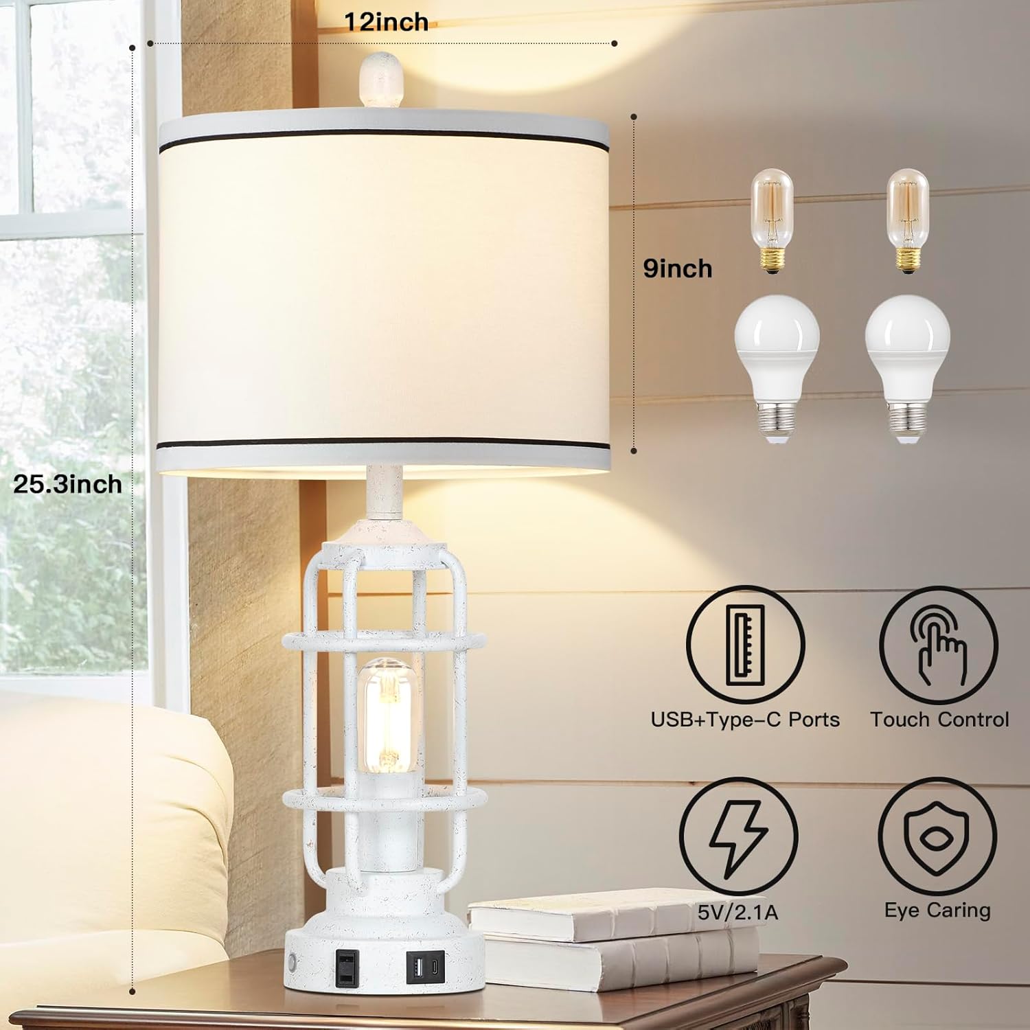 Farmhouse Lamps Set of 2, White Vintage Rustic Industrial Lamps with USB A+C Charging Ports & AC Outlet, 3 Way Dimmable Touch Control Table Lamp with LED Night Light for Living Room Bedrooms Office