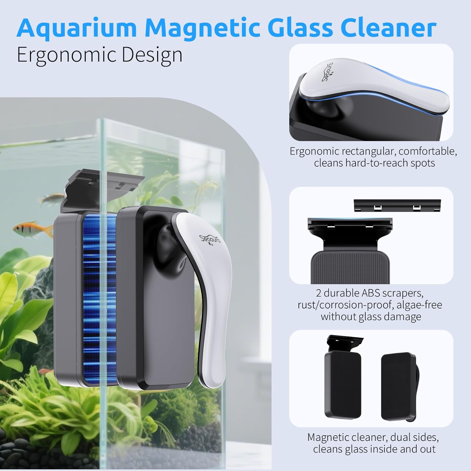 SEAOURA Magnetic Aquarium Glass Cleaner，Algae Scraper for Aquarium Fish Tank， Fish Tank Algae Clean Brush Dual-Sided Side Floating Aquarium Magnetic Brush (M)