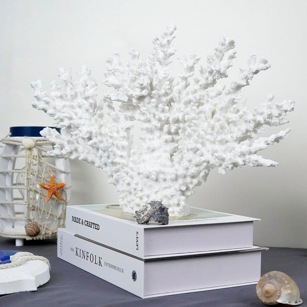 Coral Coastal Decor,13.5'' Width x 10'' High Artificial Resin Coral Reef Statue for Ocean Coastal Beach Nautical Themed Room Bathroom Decor for Home,1008W,White