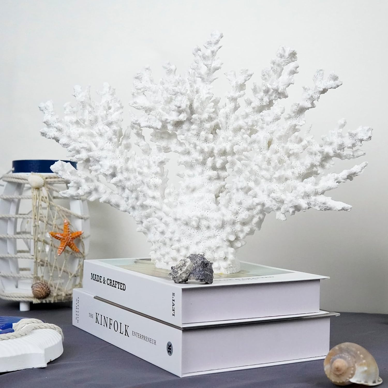 Coral Coastal Decor,13.5'' Width x 10'' High Artificial Resin Coral Reef Statue for Ocean Coastal Beach Nautical Themed Room Bathroom Decor for Home,1008W,White