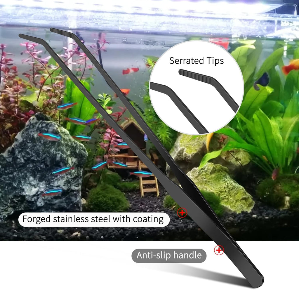 2pc-10.6"Aquarium Tweezers,Stainless Steel Straight and Curved Tweezers Set,Long Handle Reptile Feeding Tongs for Lizards, Bearded Dragon Snake Tank Accessories (Black)