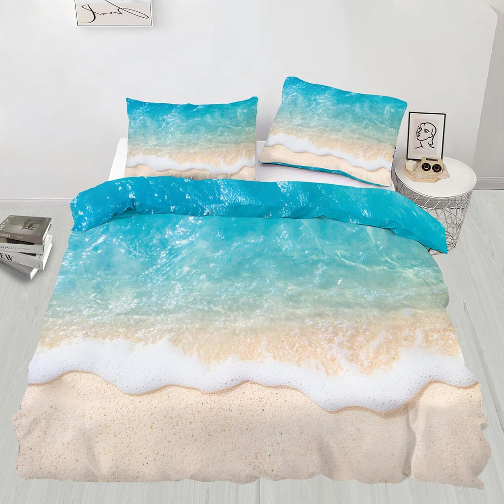 Sea Waves Duvet Cover Full Size, Ocean Beach Waves Splash Bedding Set 3 Piece Bedroom Decor Coastal Sandy Comforter Cover with Zipper Ties & 2 Pillowcases