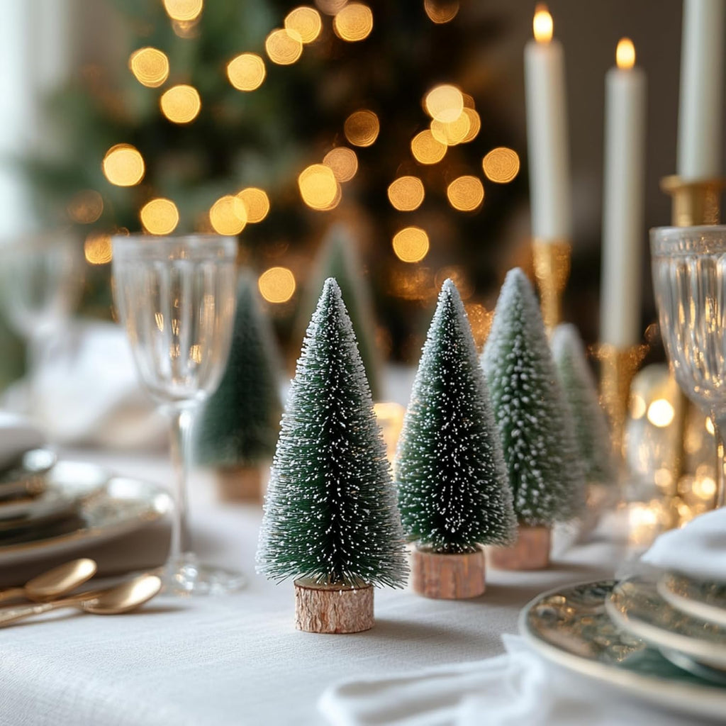 10pcs 4inch Mini Christmas Tree Bottle Brush Trees Chrismas Village Trees Ornaments Snow Mini Plastic Christmas Trees with Wooden Base for Christmas Decoration Miniature Chrismas Tree