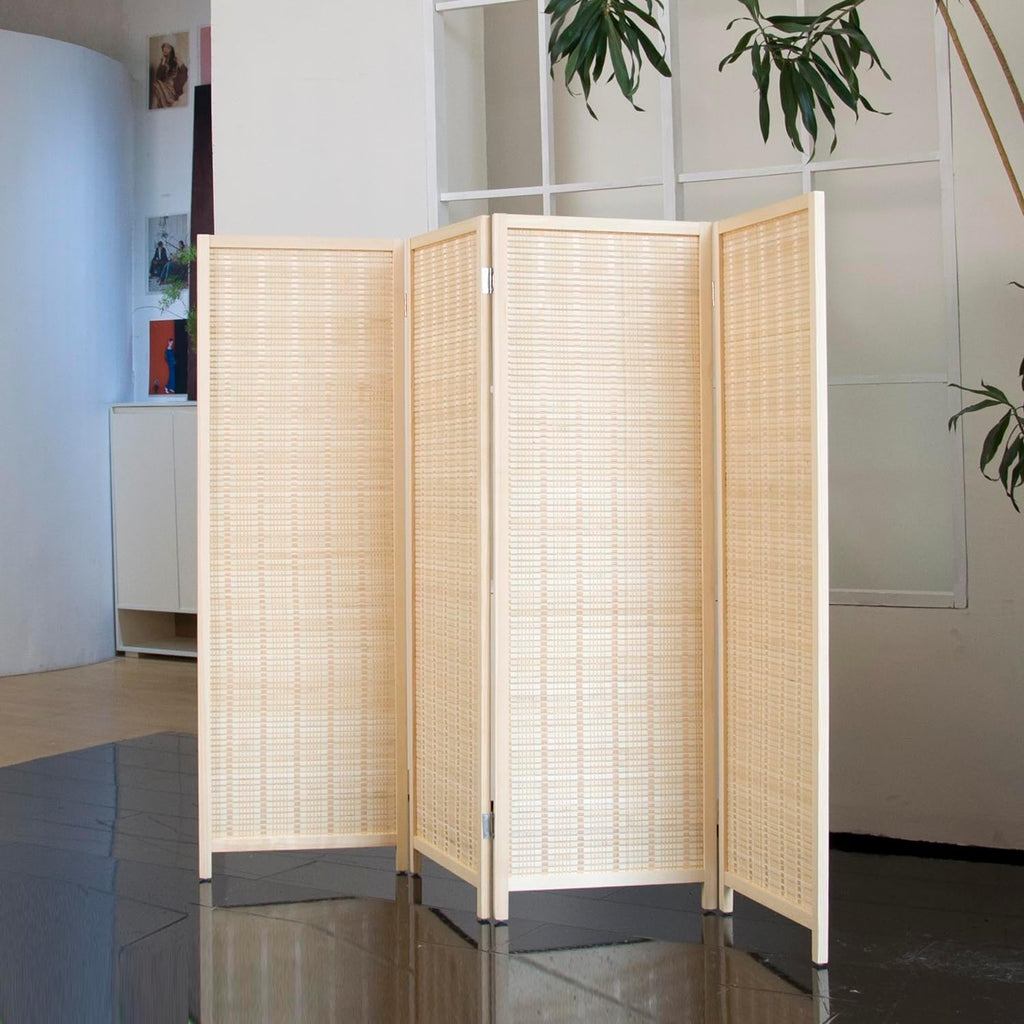 4 Panel Short Room Divider Folding Screen,47 inch Bamboo Panel Divider for Home Partition,Beige
