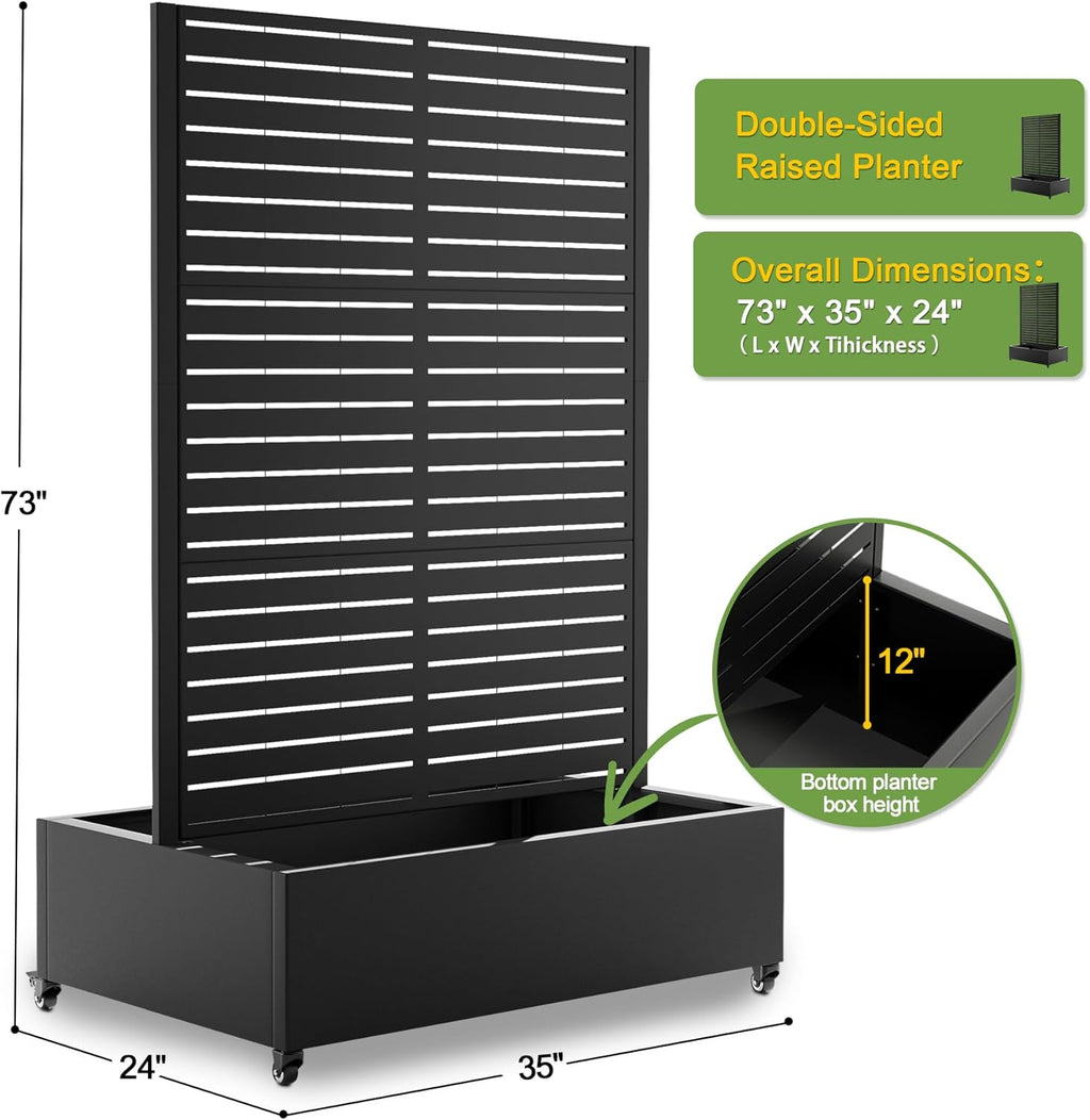 FENCY Dual Planter Boxes Metal Raised Garden Bed with Wheels and Trellis, 73"x35"x24" Privacy Screen for Vegetables, Vines & Flowers, Includes Drainage Holes