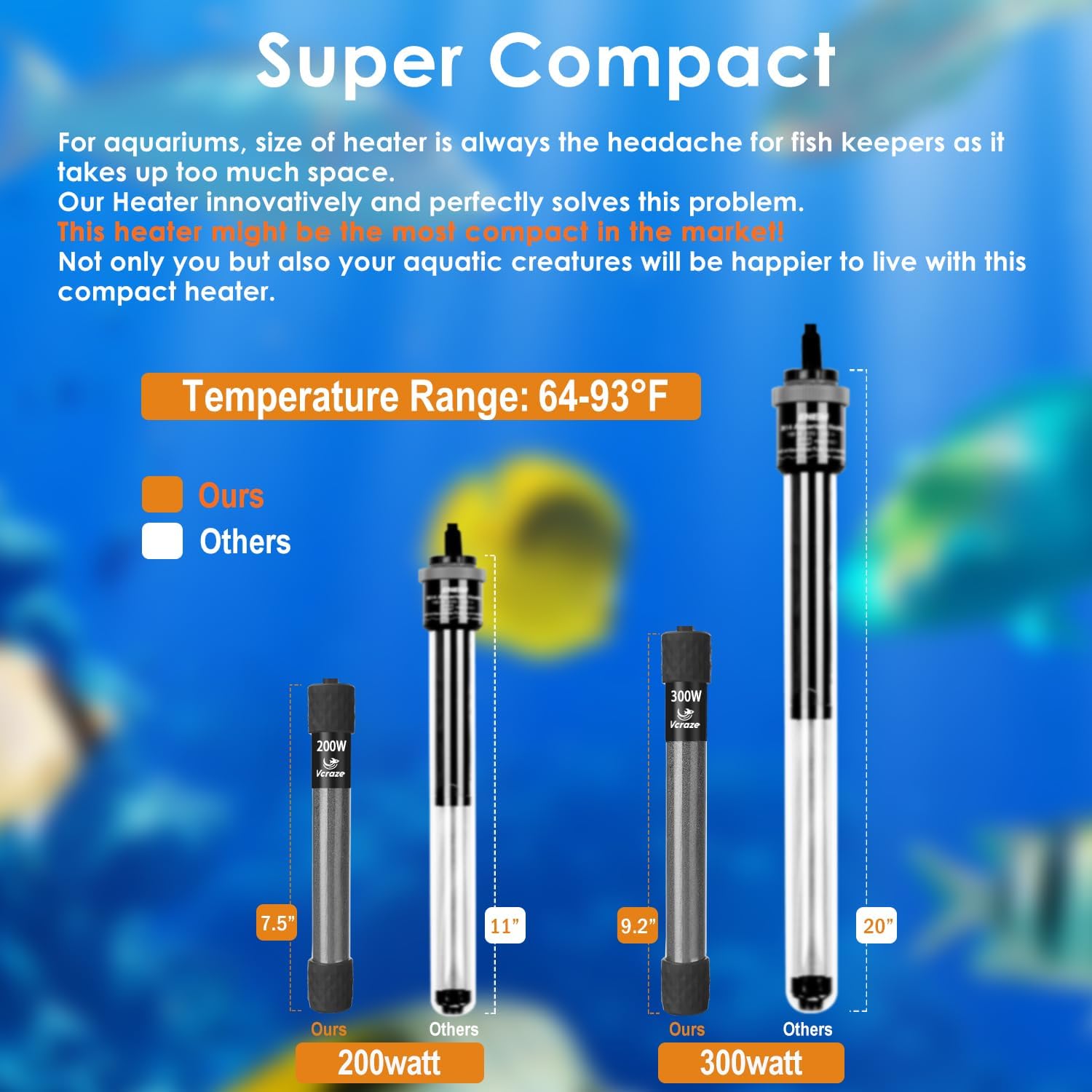 Super Compact 200W Fish Tank Heater, Submersible Aquarium Heater with LED Digital Display Thermostat, Adjustable Fish Heater for 20-40 Gallon Tanks