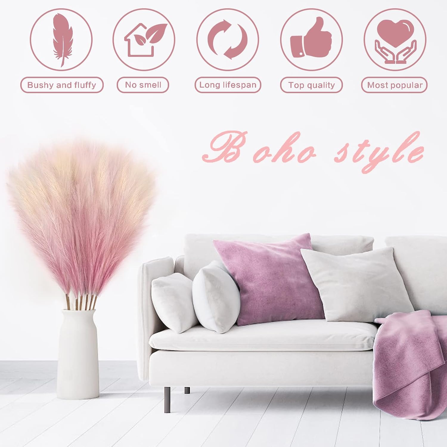 8Pcs 3FT Pink Colorful Faux Pampas Grass for Boho Decor, KALYLOC Non-Shedding Fluffy Artificial Bulrush, Tall Reed Fluffy Stems Vase Filler Living Room Wedding Decoration