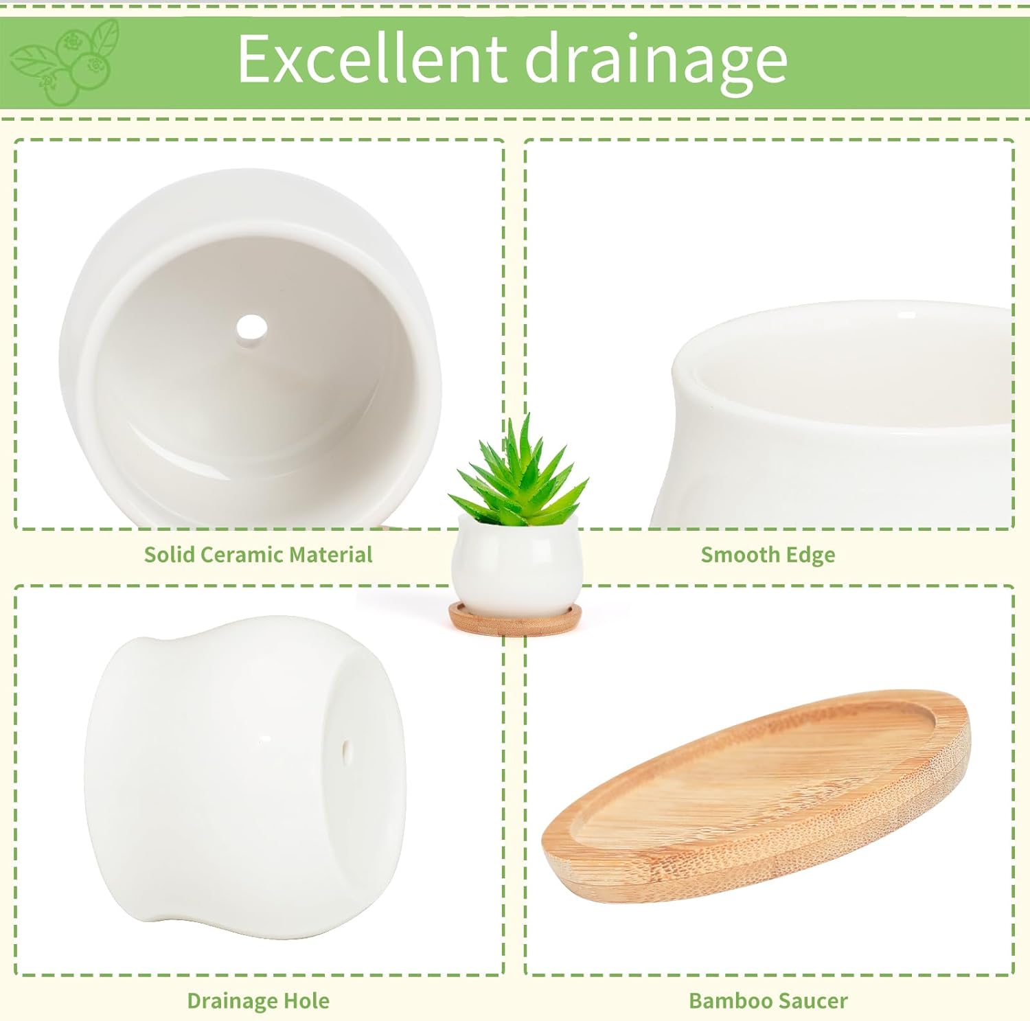 Succulent Pots, White Mini 2.5 inch Ceramic Flower Planter Pot with Bamboo Tray, Pack of 12 - Plants Not Included