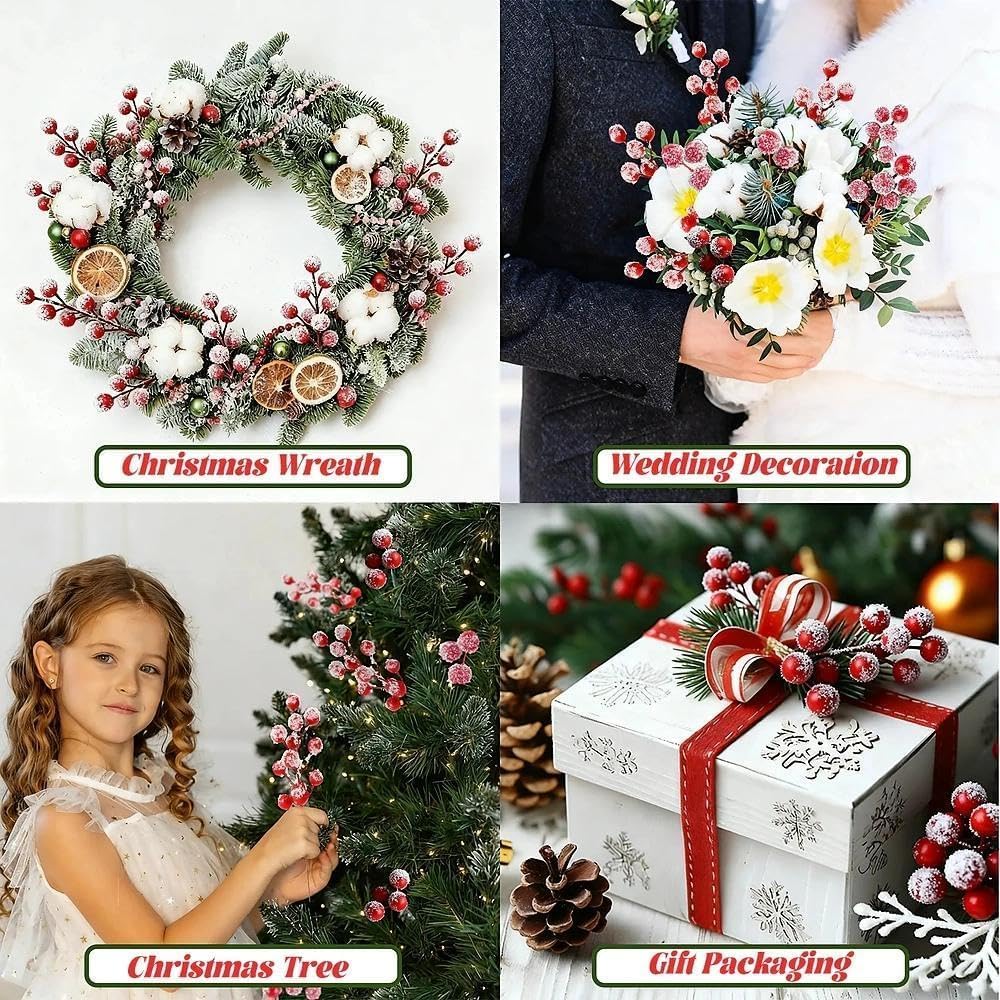 20 Pcs Artificial Frosted Holly Berry Stems, 12 Heads Faux Sprays Red Berries Snowflake Picks for Christmas Tree Ornaments Branches Fillers DIY Xmas Party Decor