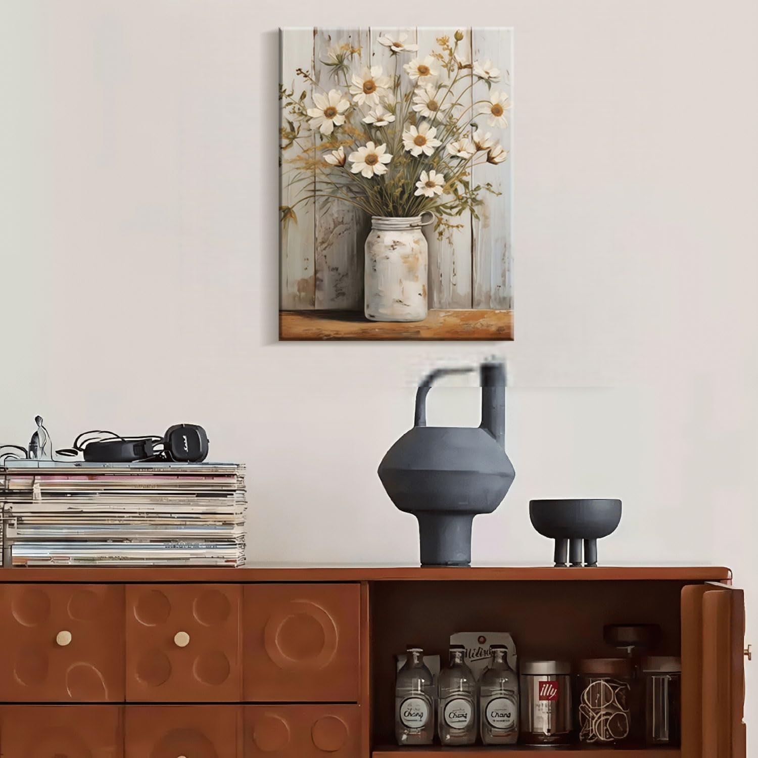 Framed Daisy Jar Vintage Flowers Wall Art Decor Canvas Print Country Poster Gallery Picture Country Plants Farmhouse Art Painting Kitchen Bathroom Living Room Decor 16x24 Inch Ready to Hang