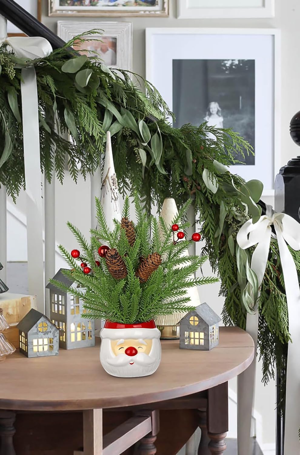 Hollyone Small Norfolk Pine Tree 10" Christmas Tree Tabletop Snowman Potted Plants with Vase Artificial Mini Xmas Tree Plant with Christmas Ball Ornaments Berries Pine Cones Slim Tree Party Home Decor