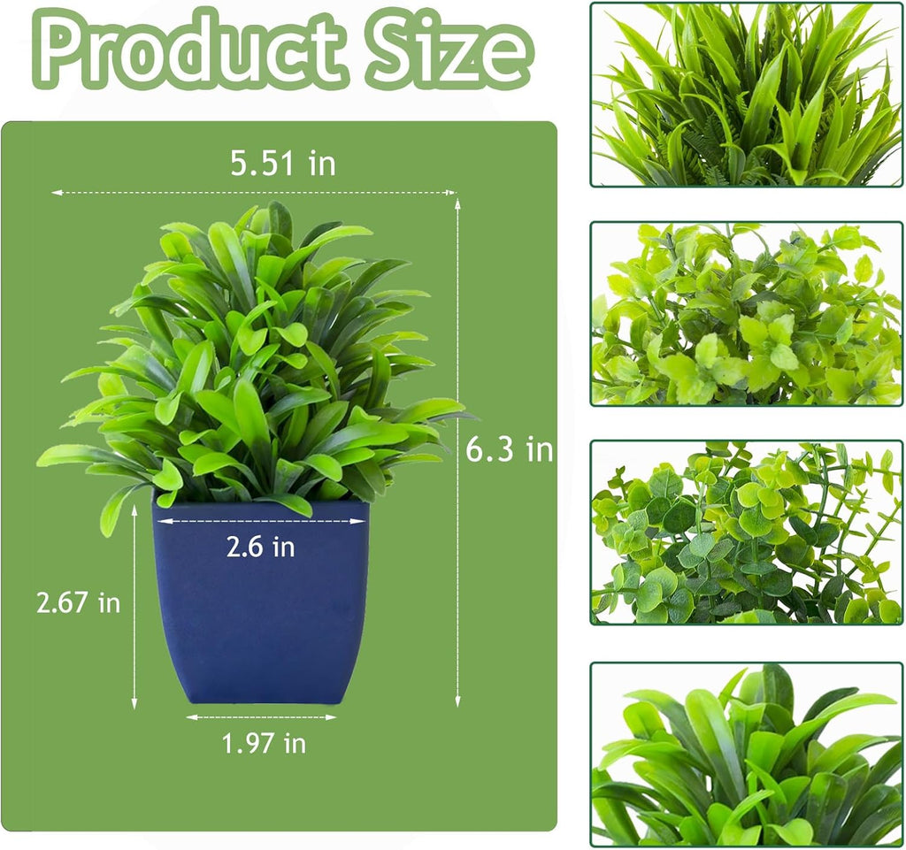Grever 4 Pack Small Fake Plants in Blue Pot Mini Artificial Potted Plants for Home Bathroom Office Table Desk Shelf Indoor Decor