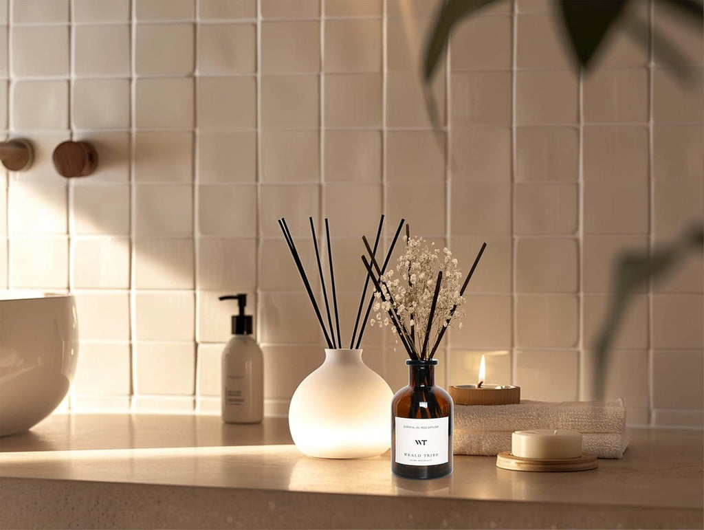 WEALD TRIBE Reed Diffuser Set for Bathroom Air Fresheners, Oil Diffuser Sticks | Vanilla Whiskey Scent 4.0 fl oz Home Fragrance with Sticks Defusers | House Bedroom Office Shelf Decor