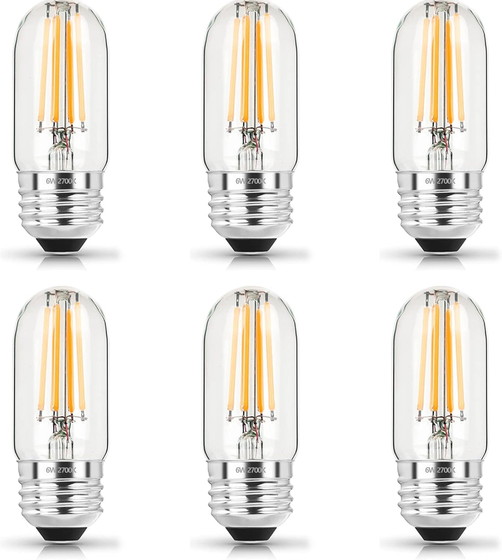 3.2 Inch 2700K Soft White E26 LED Bulb 60 Watt Equal, AC 120V 600LM Edison Bulbs Dimmable, 6W T10 T30 Tubular Filament Light Bulbs Clear Glass for Fan Pendant Wall Light, UL Listed-6 Pack