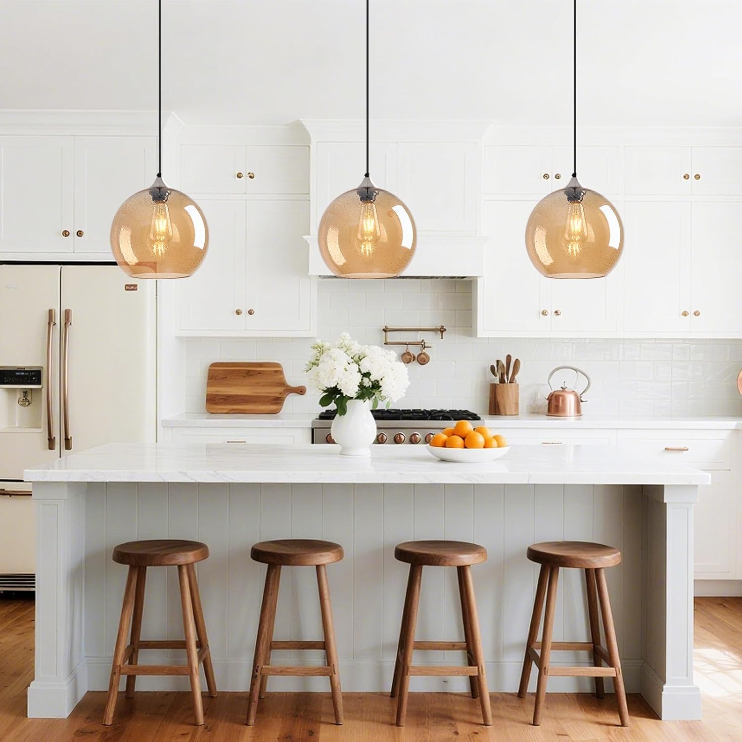 Amber Glass Pendant Lights Kitchen Island Globe Pendant Light Fixtures Modern Pendant Lighting for Bedroom Living Dining Room Light Fixture (9.84 in, 2 Pack)