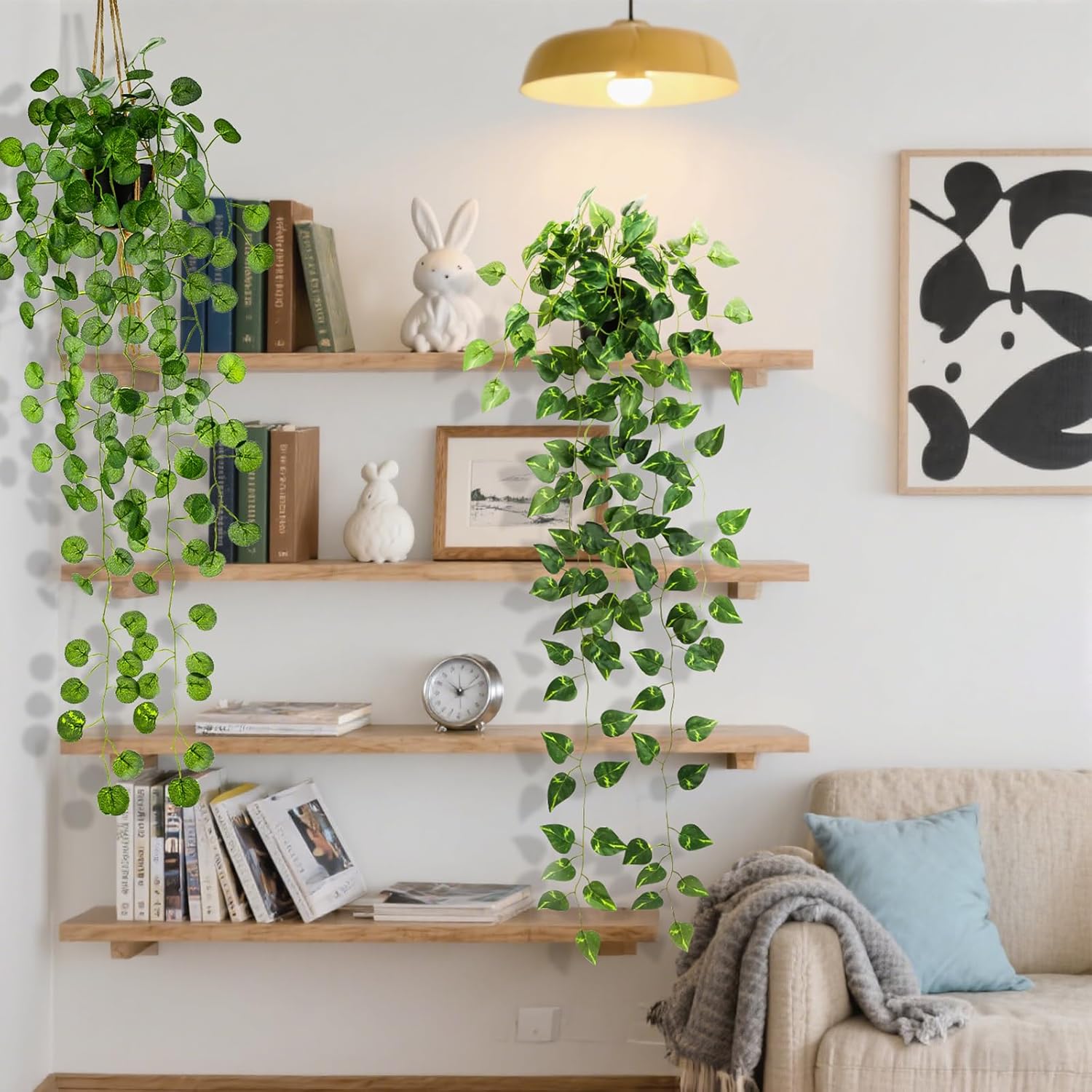 Folmywy 2 Pack Artificial Hanging Plants Vines with Pot Fake Greenery Potted Plant Realistic Ivy Vine Leaves Decoration for Wall Home Windowsill Shelf Living Room Indoor Outdoor Decor
