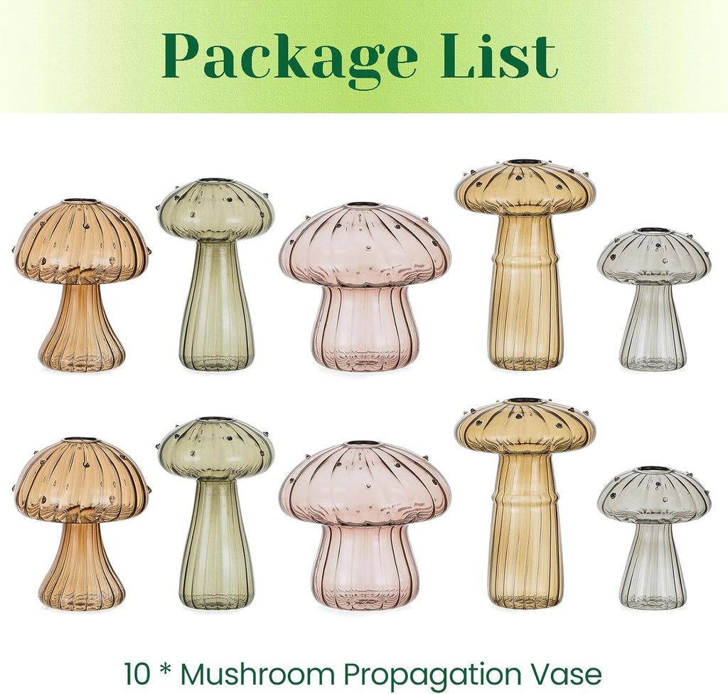 Hewory Glass Mushroom Propagation Stations: Set of 10 Unique Propagation Jars Glass Planter for Indoor Plants Home Decor - Amber Mushroom Vase Christmas Birthday Gifts for Plant Lovers Women Girls