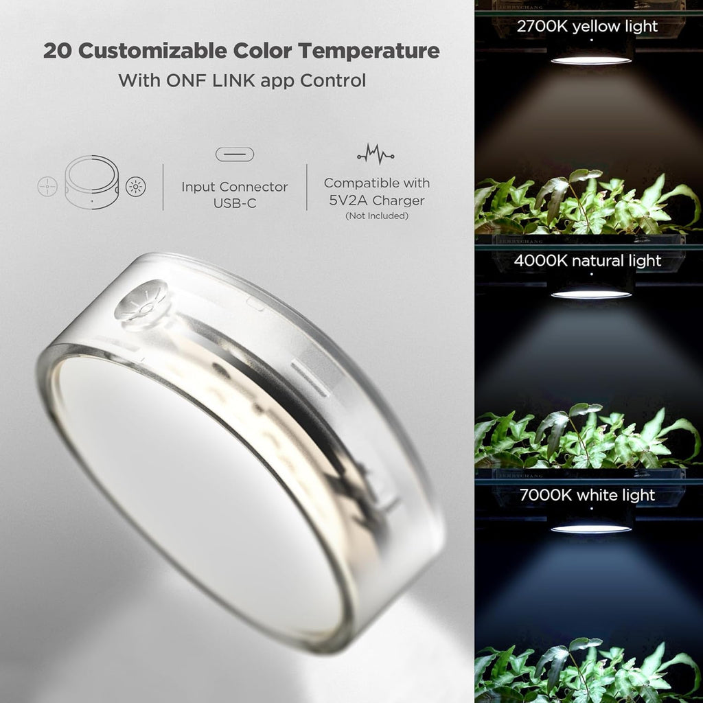 ONF Mist O+ App Controlled Via Bluetooth Magnetic Full Spectrum Colorfull LED Indoor Plant Light, Puck Grow Light 4 Level dimmable 3 Color Temperature, Clear