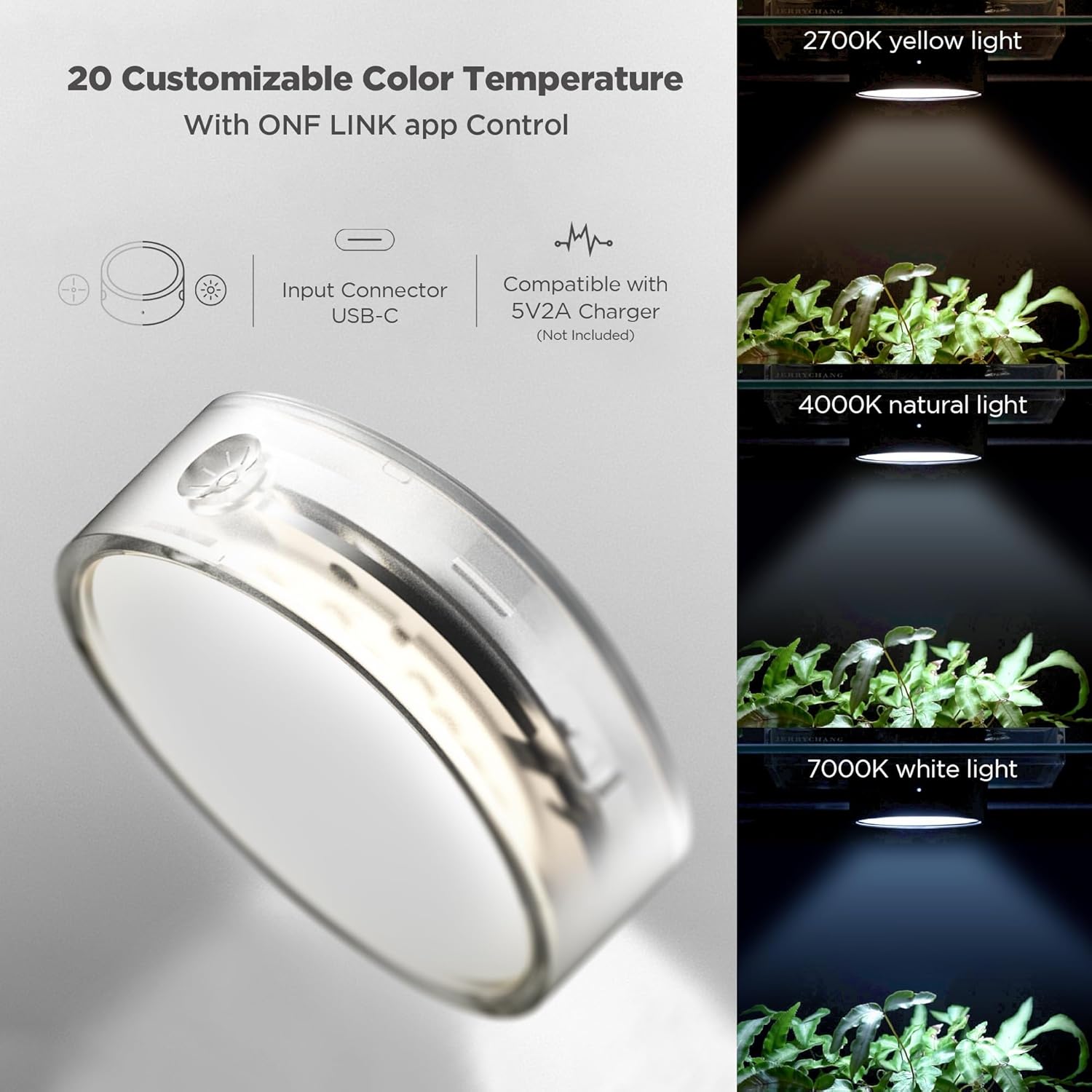 ONF Mist O+ App Controlled Via Bluetooth Magnetic Full Spectrum Colorfull LED Indoor Plant Light, Puck Grow Light 4 Level dimmable 3 Color Temperature, Clear