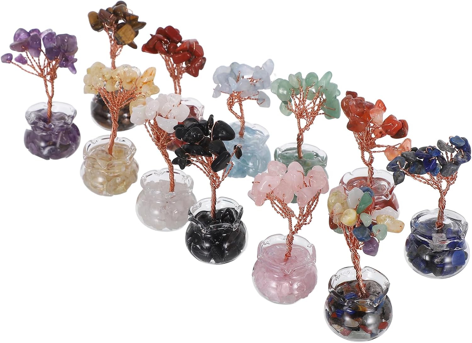 LUOZZY 12 Pcs Mini Crystal Money Tree Feng Shui Bonsai Lucky Fortune Centerpiece for Home Office Desk Decorations