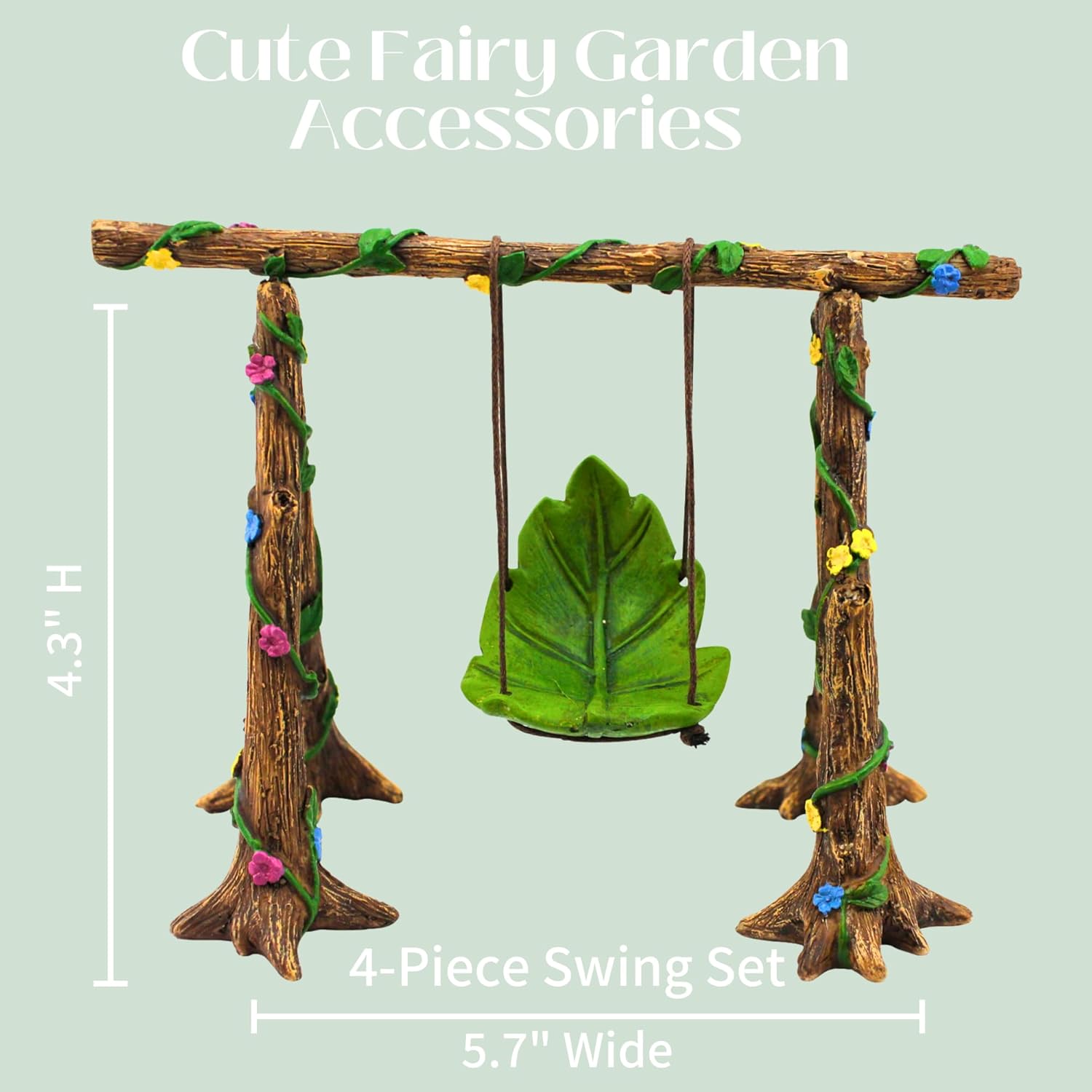 PRETMANNS Fairy Garden Accessories Starter Kit with Figurines, Swing Set, Squirrel & 2 Mushrooms – Ideal for Indoor Outdoor Miniature Garden – 6 Hand-Painted Resin Items