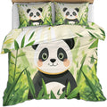 Cute Panda Duvet Cover Full Size, Watercolor Green Bamboo Bedding Set 3 Piece Bedroom Decor Cartoon Panda Comforter Cover with Zipper Ties & 2 Pillowcases