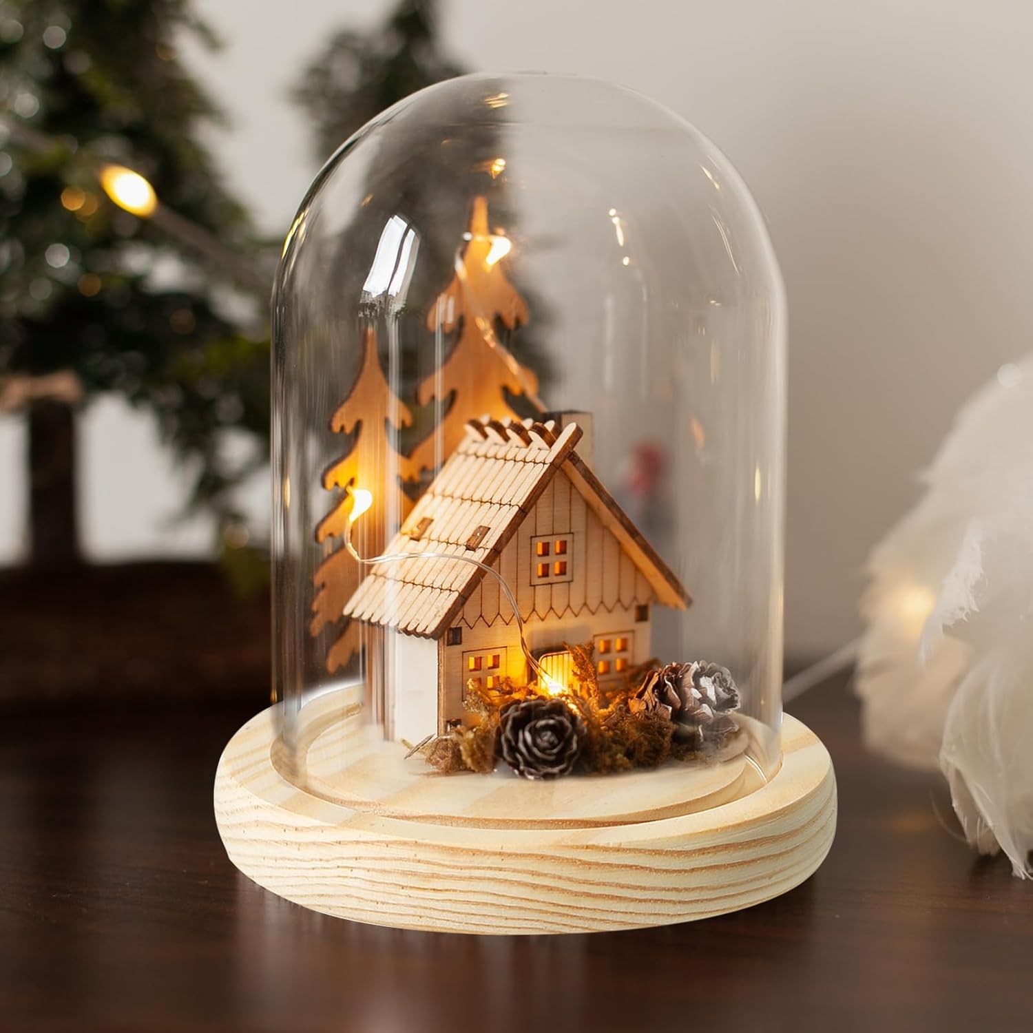 PATIKIL 4.7"x3.5" Clear Cloche Glass Dome, Glass Bell Jar Display Case Tabletop Centerpiece with Wooden Base for Plants Home Decor