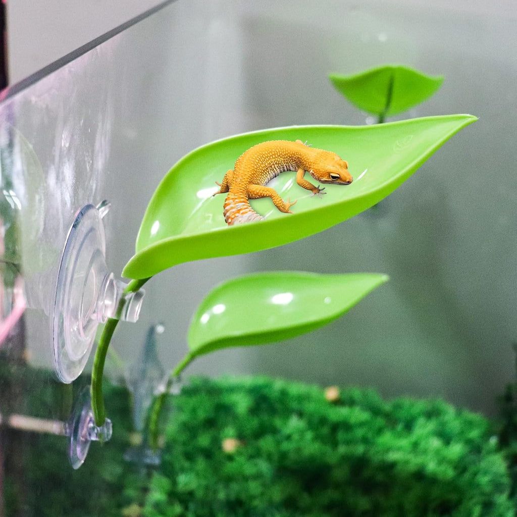 3 Pack Plastic Leaf Decorations with Suction Cups, Gecko Tank Accessories, Reptile Terrarium Decorations for Crested Geckos, Leopard Geckos