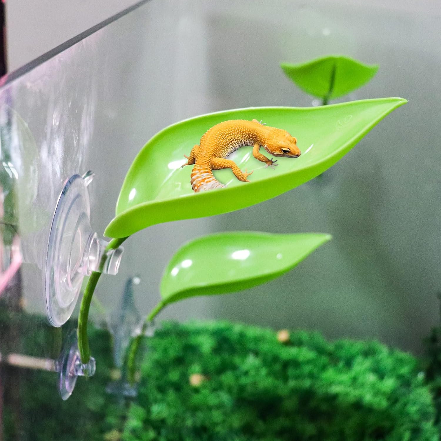 3 Pack Plastic Leaf Decorations with Suction Cups, Gecko Tank Accessories, Reptile Terrarium Decorations for Crested Geckos, Leopard Geckos
