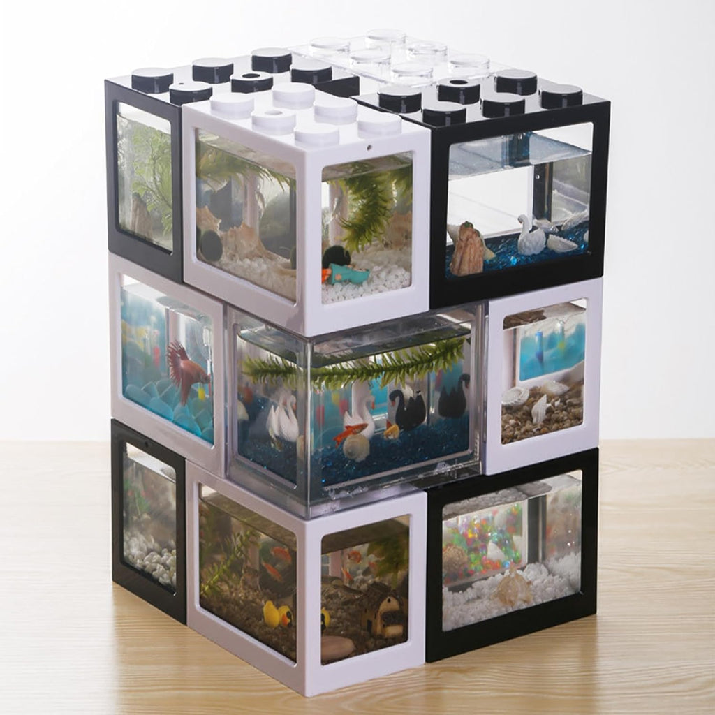 4PCS Plastic Small Betta Fish Tank, 0.6 Gallon Stackable Fish Bowl, Cube Fish Aquarium Tank for Shrimp, Turtle, Small Crab (Black)