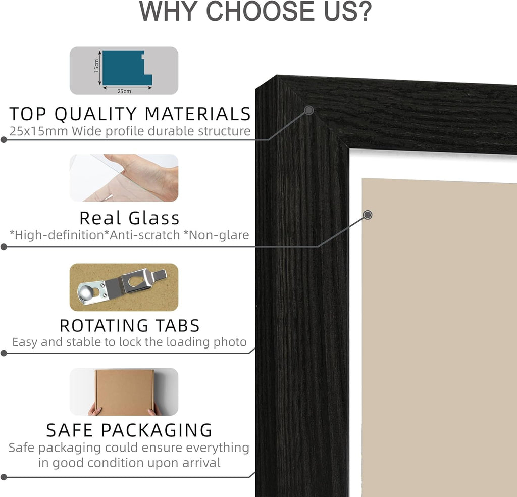 12x12 Picture Frame Set of 4 - Made of Glass and Rustic Black Wooden Frame, Display Square Pictures 10x10 with Mat or 12 x 12 without Mat, Desktop & Wall Collage Photo Frame
