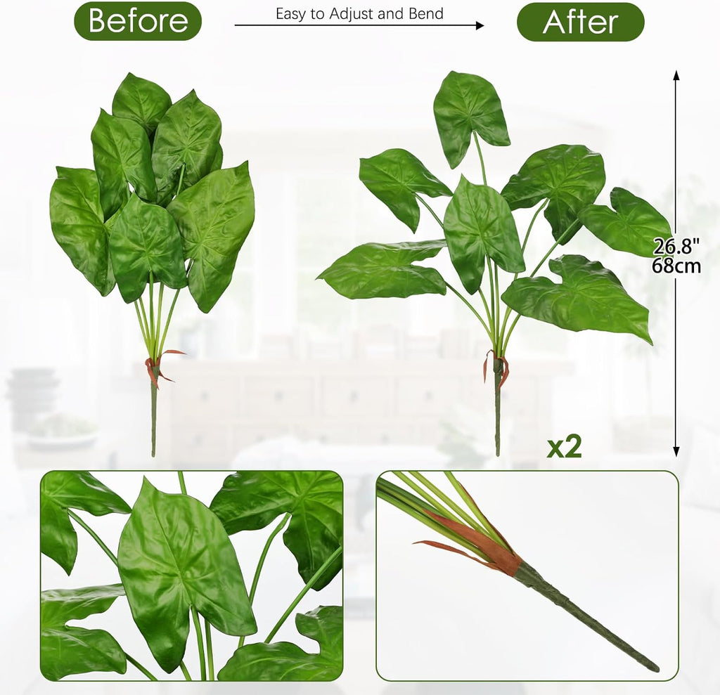 Hollyone 2PCS Artificial Calla Lily Leaves Plants 26.8" Fake Tropical Alocasia Bush Tree Large Faux Greenery Stem Shrubs for Indoor Outdoor Home Garden Arrangement Jungle Safari Wedding Party Decor
