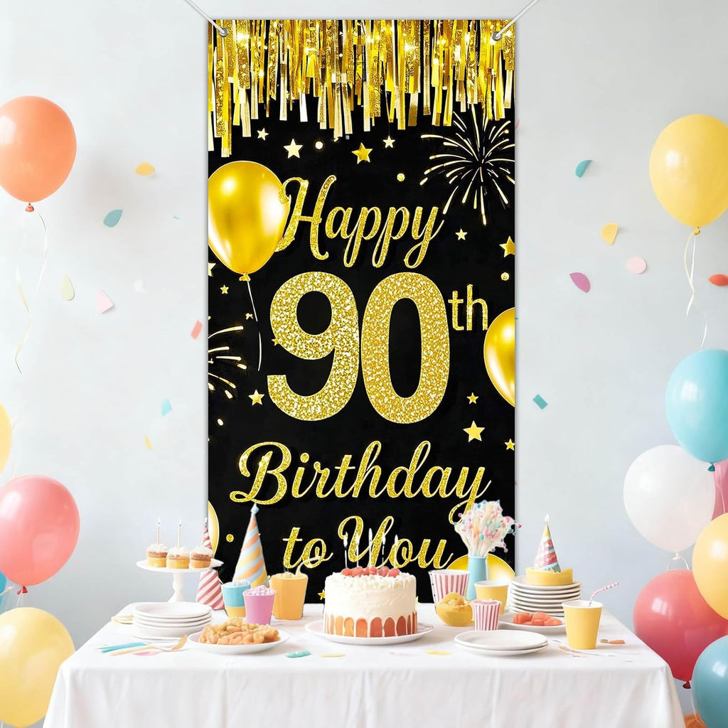 IVN 90th Birthday Door Cover 71x35 Inch Black Gold Birthday Banner for Party Decorations Balloons Stars Fireworks Backdrop Sign for Men Women Photo Booth Prop Wall Decor