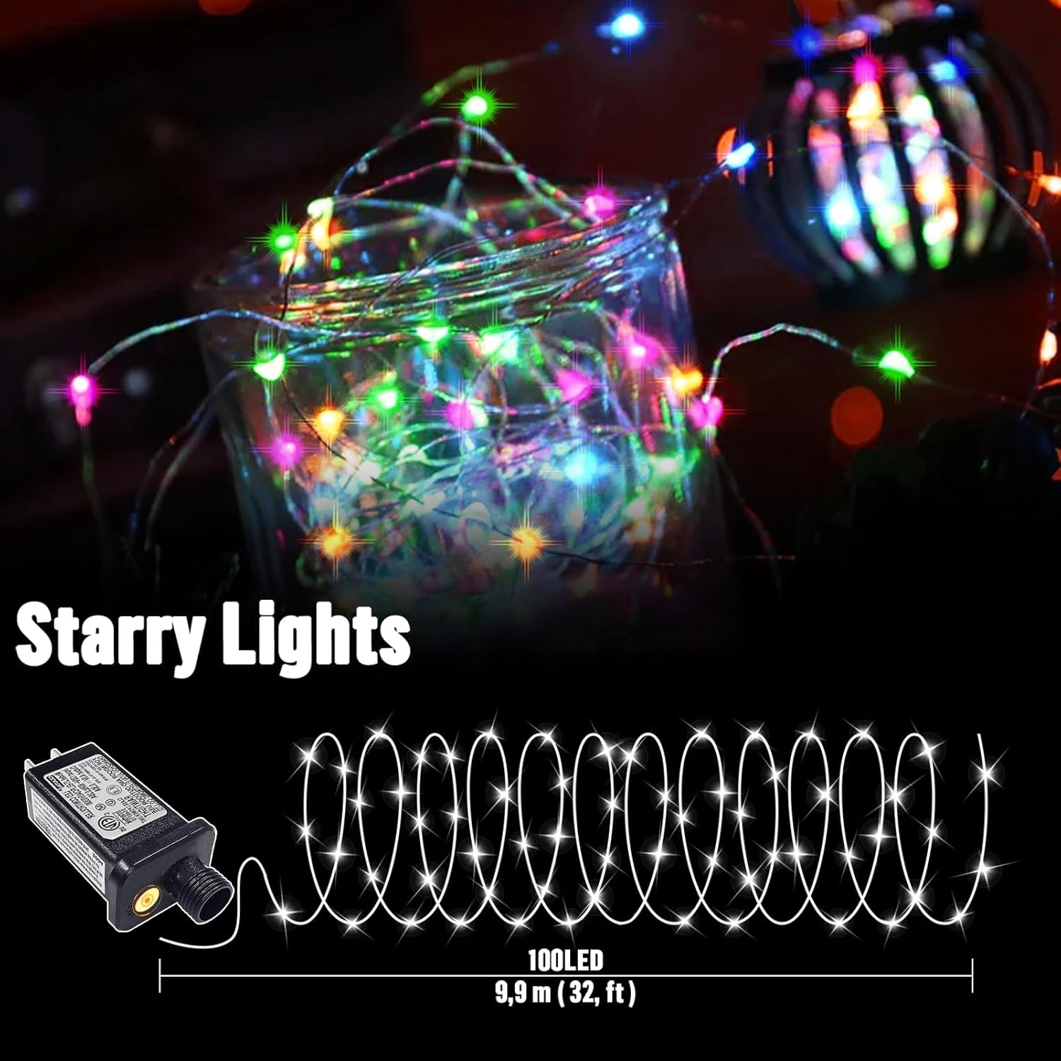LAMPHOME Fairy Lights Plug in, 33Ft 100 LEDs Waterproof Twinkle Firefly Lights, Adaptor Included, Starry String Lights for Wedding Indoor Outdoor Christmas Patio Garden Decoration, Multicolor