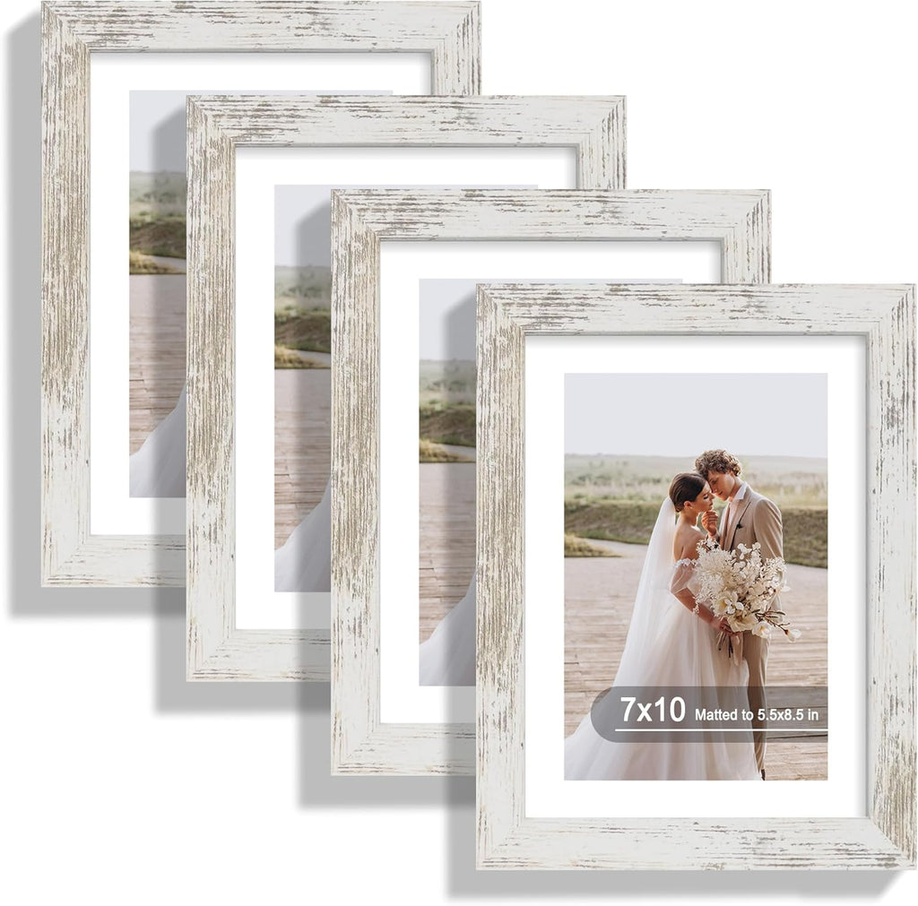7x10 Picture Frame Set of 4, Made of Real Glass and Distressed White Frame - Display Picture 5.5x8.5 with Mat or 7x10 Without Mat, 7 by 10 Photo for Wall or Tabletop