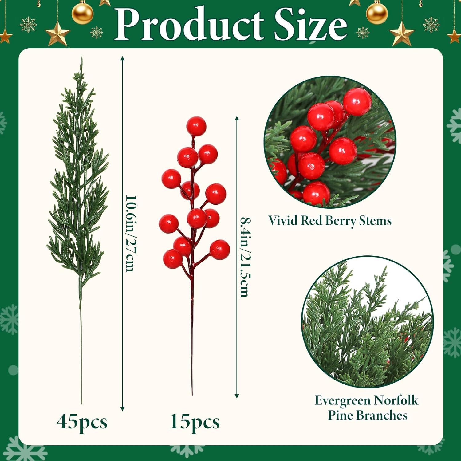 Weldomcor Christmas Artificial Pine Branches 60 Pcs Faux Norfolk Pine Stems with Red Berries, Xmas Fake Greenery Cedar Stems Plants Evergreen Picks DIY Christmas Decorations Holiday Home Table Decor