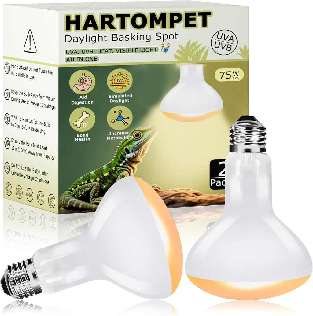 75W Reptile Heat Lamp Bulbs, 2.5 Inch UVA Amphibian Basking Spot Light for Bearded Dragon, Lizard, Tortoise & Chicks – Simulated Sunlight, Daylight Bulb for Aquariums and Tanks | 2 Pack