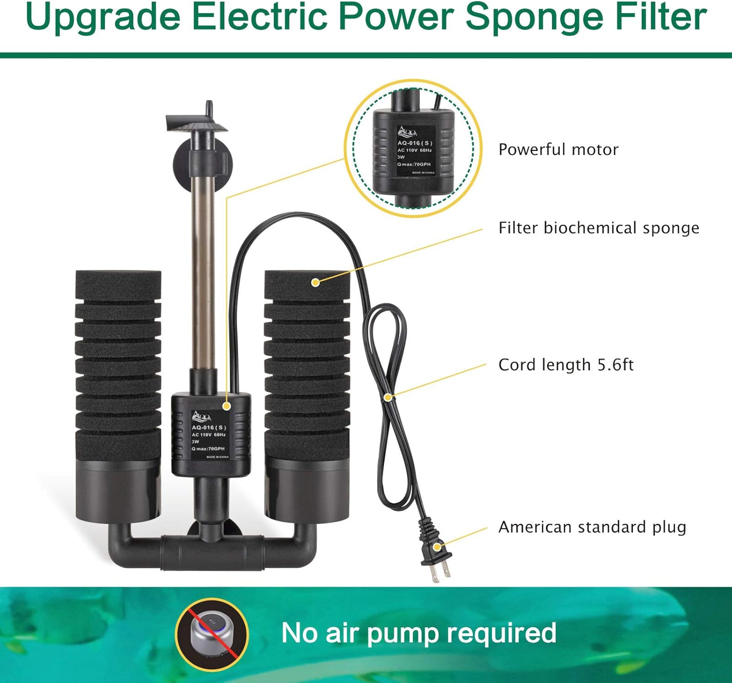 AQQA Aquarium Electric Power Sponge Filter,3W/5W Silence Submersible Foam Filter,Sponges Bio Ceramic Media Balls Double Filter for Saltwater Freshwater Fish Tank (S)