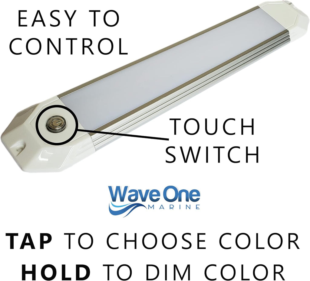 Wave One Marine 12" Dual Color Dimmable Dome Boat Light | 12V Volt RV Aluminum Housing Touch Dimmer Switch | IP67 Waterproof Interior Exterior (White | Blue)
