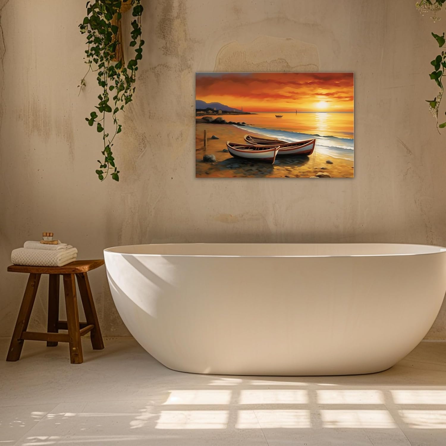 GLOKAKA Coastal Wall Art Ocean Beach Boat Canvas Print Sunset Seascape Pictures Ocean Landscape Painting Nature Artwork for Bathroom Living Room Bedroom Office Home Decor
