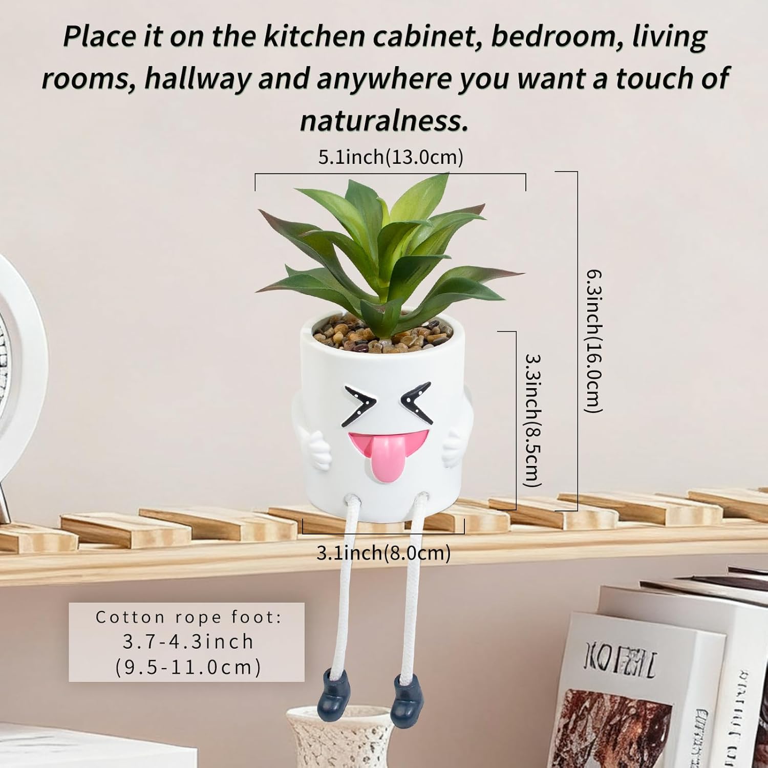 Fake Plant Mini Potted Succulents with Hanging Leg White Cute Pot Creative Artificial Succulent Plants in Funny Pot Faux Succulents for Home Office Shelf Desk Decor and Gift Choice