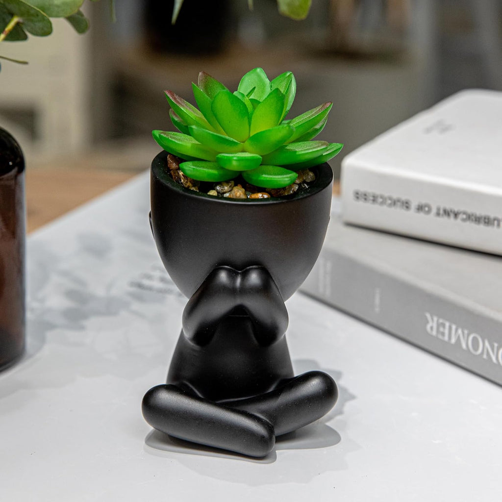 HEYO-YEPY 3PCS Cute Artificial Plant Office Decor for Women and Men, Aesthetic Desk Plant Decor for Office and Home, Potted Small Fake Plants for Indoor Decoration, Black Pots Green Plants