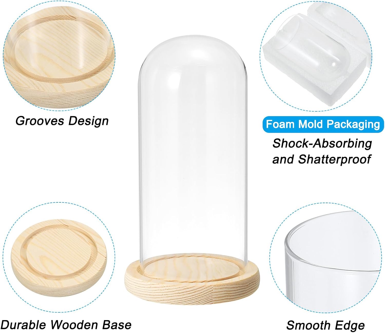 PATIKIL 7.9"x3.5" Clear Cloche Glass Dome, Glass Bell Jar Display Case Tabletop Centerpiece with Wooden Base for Plants Home Decor