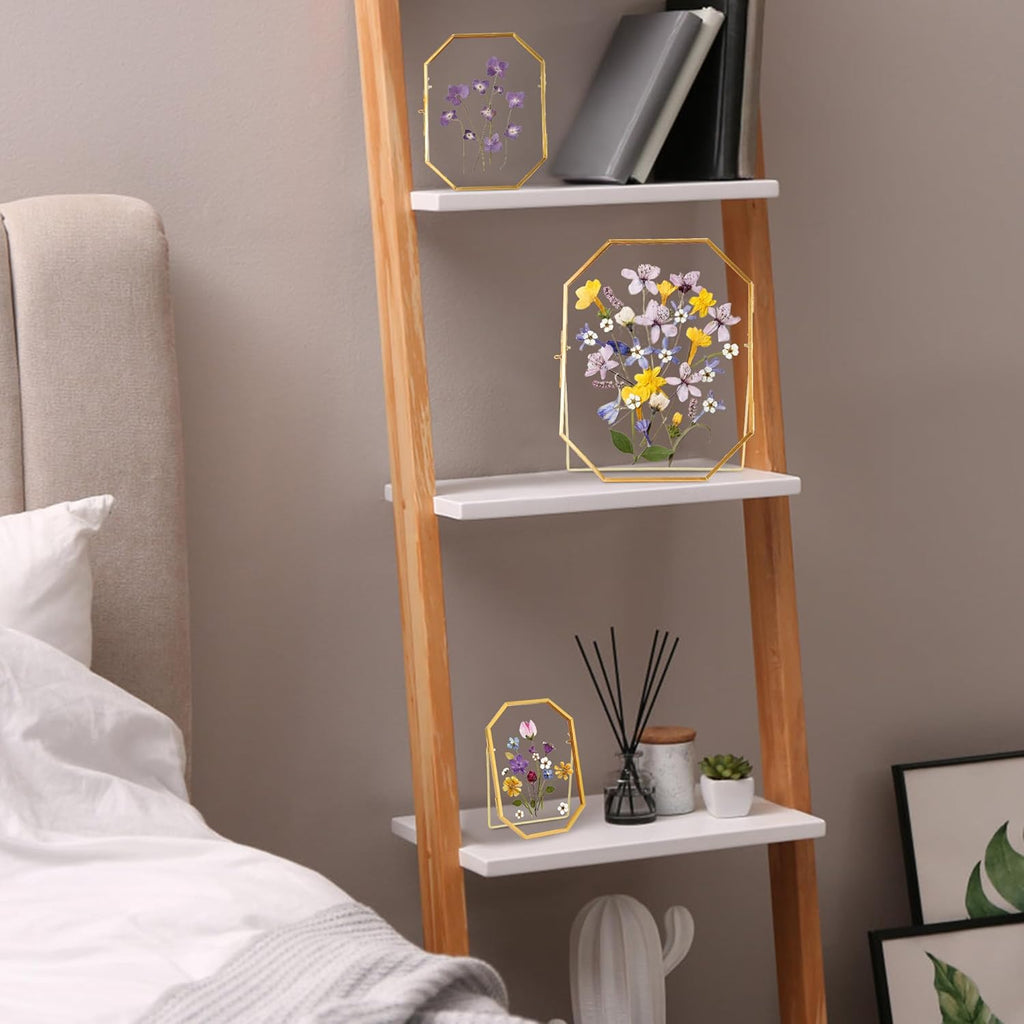 Glass Pressed Flower Frame, Handmade Metal Floating Frame, Double Glass for Tabletop Display - Unique Brass Octagon, Gold, 8x10 inches