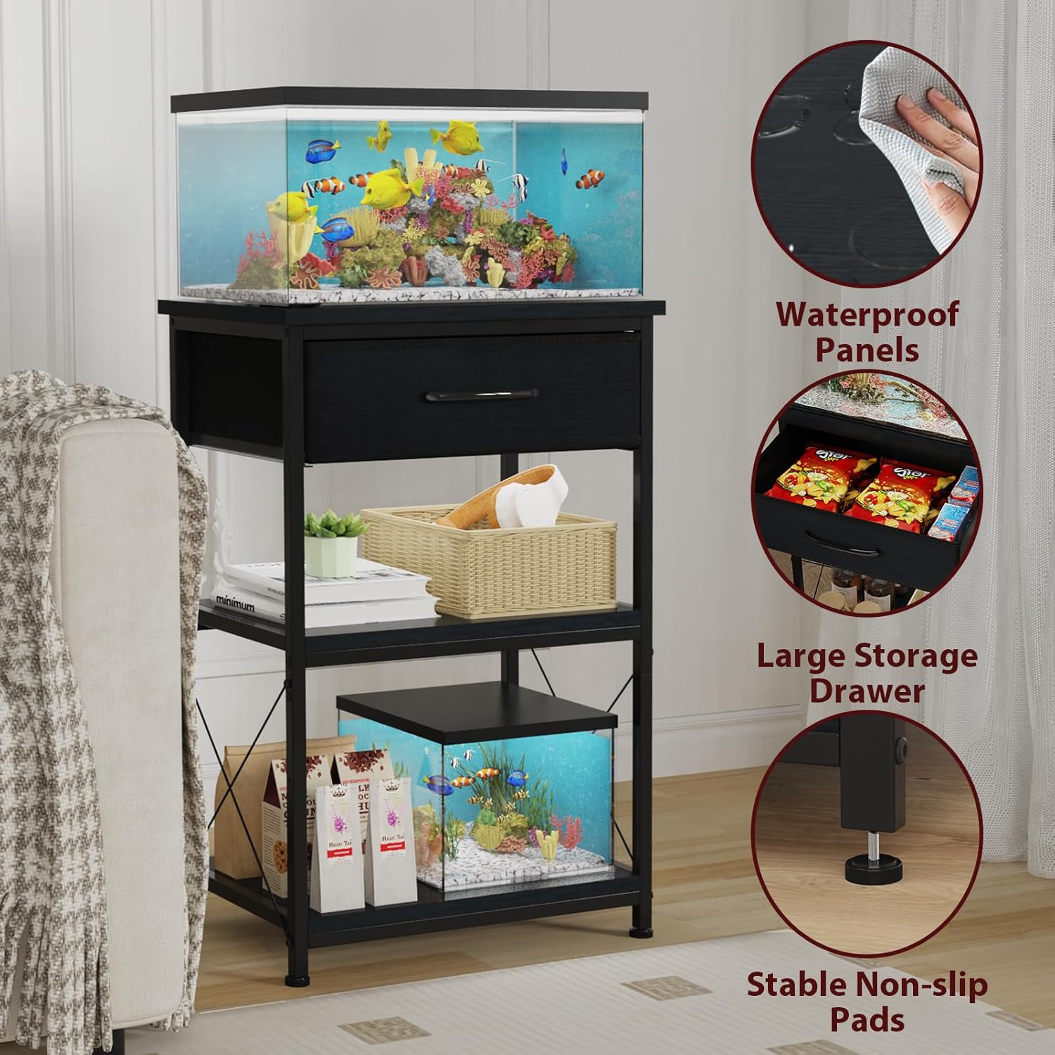 TFK 5-10 Gallon Fish Tank Stand, Height Adjustable Metal Aquarium Stand with Storage Drawers for Fish Tank Accessories Storage, Perfect for Turtle Tank, Reptile Terrarium, Black